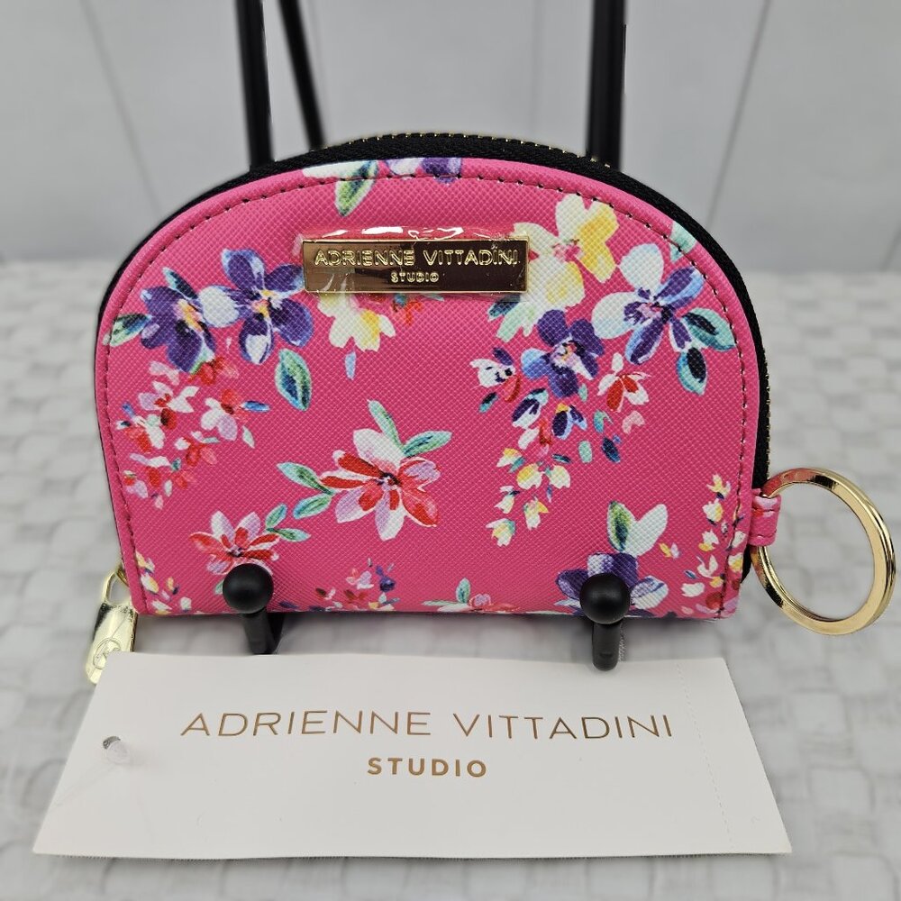 RFID Pink Floral Key Ring Mini Wallet Holder Adrienne Vittadini Coin Purse NWT